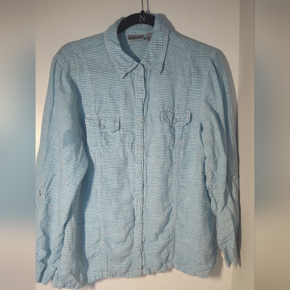 Chicos Blue Checkered Button-Up Shirt Size 2 #569